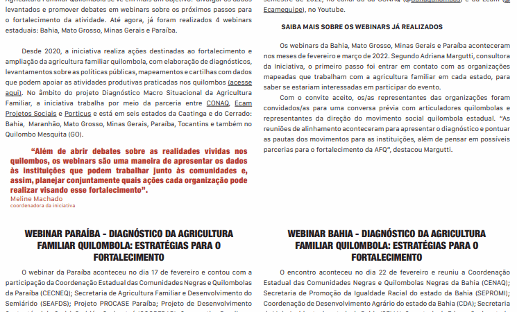 JORNAL DA INICIATIVA DA AGRICULTURA FAMILIAR QUILOMBOLA (OUTUBRO/2021 A MARÇO/2022)